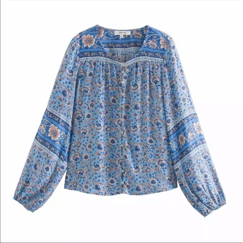 Gypsy Boho Floral Print LongSleeve button up top - Picture 4 of 11